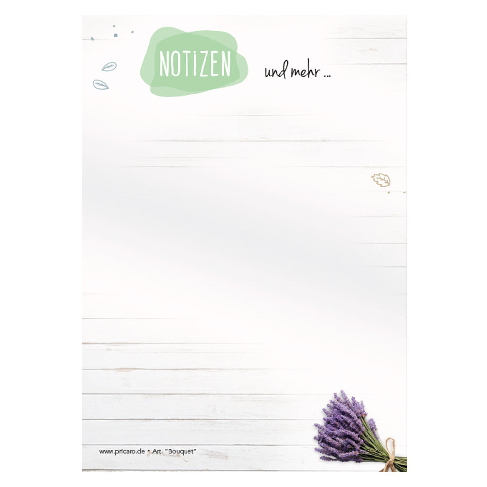 notizblock blumig, variante bouquet mit lavendel am unteren rechten rand abgebildet und der aufschrift notizen und mehr am oberen rand