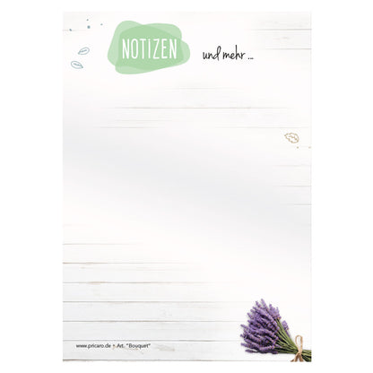 notizblock blumig, variante bouquet mit lavendel am unteren rechten rand abgebildet und der aufschrift notizen und mehr am oberen rand