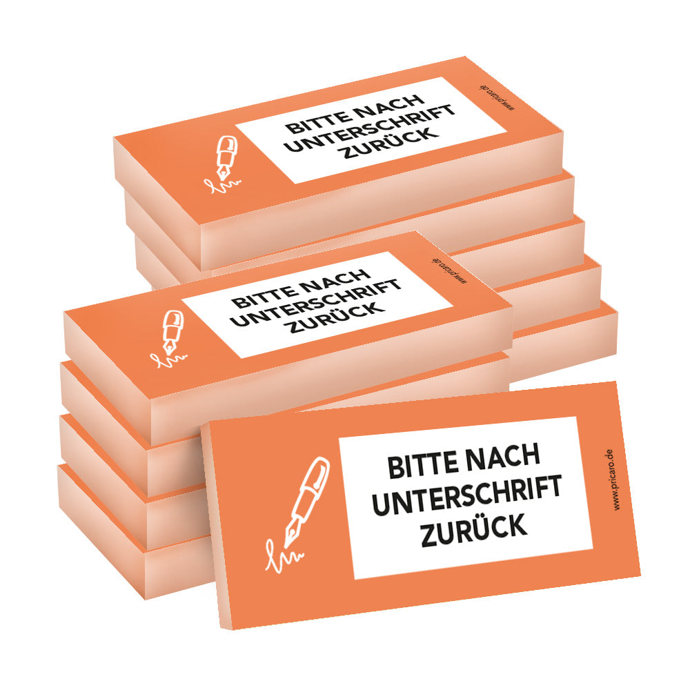 haftnotiz schmal, mit aufdruck "bitte nach unterschrift zurück", orangene optik, 10er set