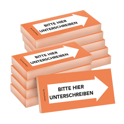 haftnotiz schmal, orange, bitte hier unterschreiben pfeil rechts, 10er set