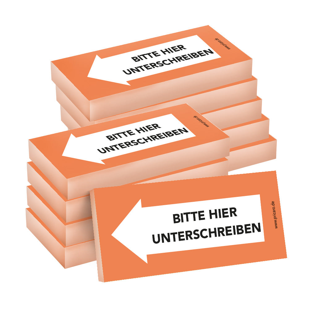haftnotiz schmal, orange, bitte hier unterschreiben pfeil links, 10er set