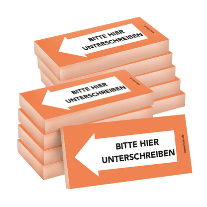 haftnotiz schmal, orange, bitte hier unterschreiben pfeil links, 10er set