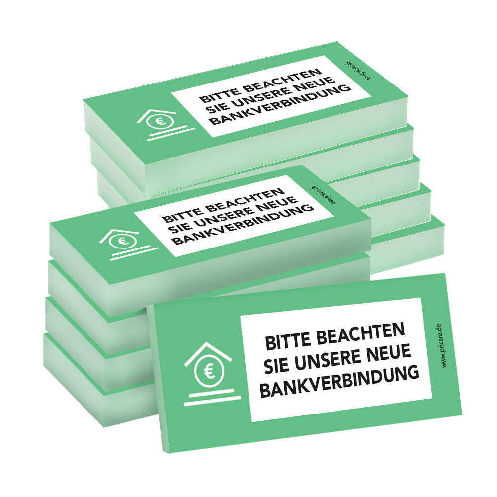 haftnotiz schmal, mit aufdruck "bitte beachten sie unsere neue bankverbindung", grüne optik, 10er set