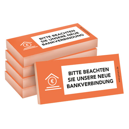 haftnotiz schmal, mit aufdruck "bitte beachten sie unsere neue bankverbindung", orangene optik, 5er set
