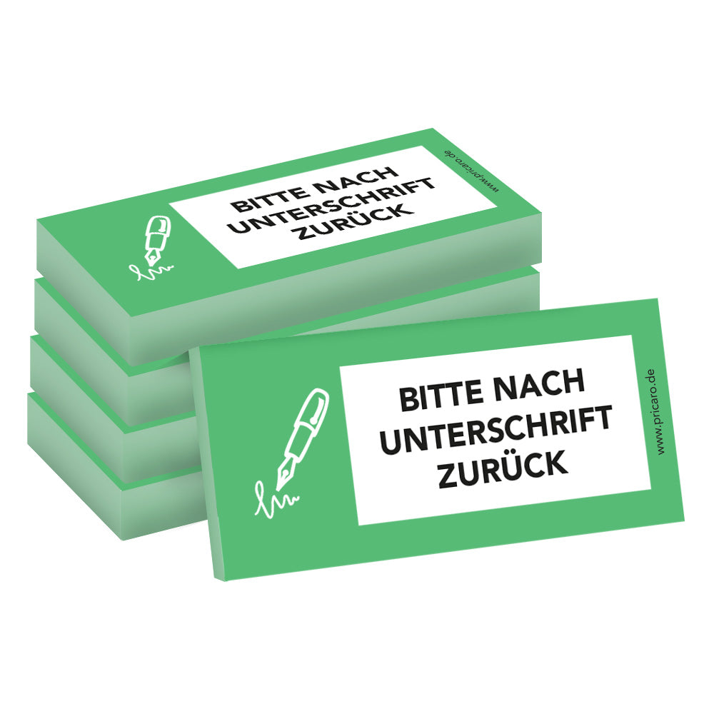 haftnotiz schmal, mit aufdruck "bitte nach unterschrift zurück", grüne optik, 5er set
