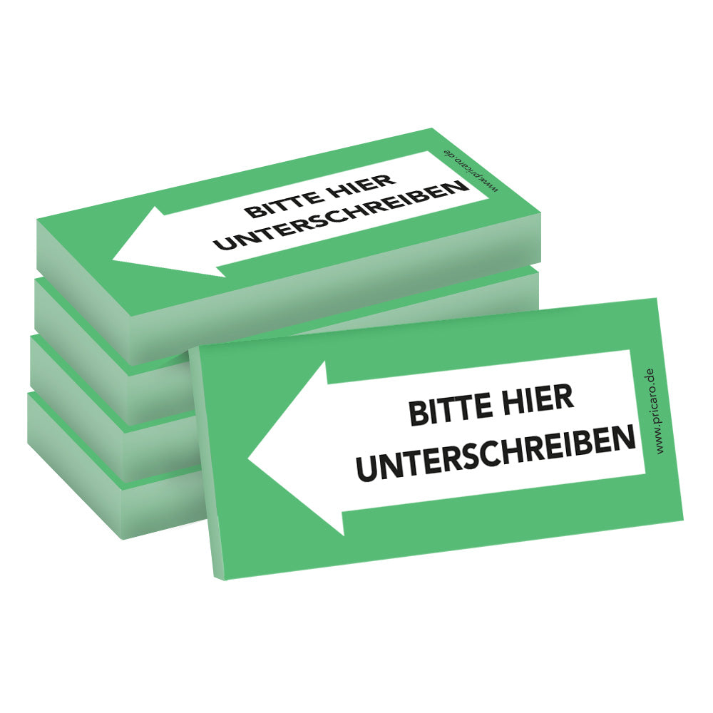 haftnotiz schmal, grün, bitte hier unterschreiben pfeil links, 5er set