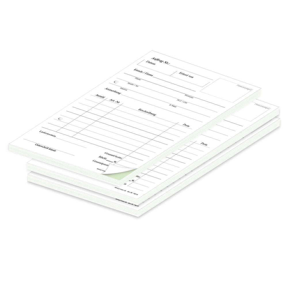 auftragsblock a5, gelocht, klassische schwarz-weiße optik mit grünem durchschlag, platz für alle wichtigen details (kundendaten, bestelldetails), 3er set