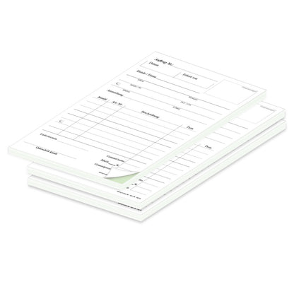 auftragsblock a5, gelocht, klassische schwarz-weiße optik mit grünem durchschlag, platz für alle wichtigen details (kundendaten, bestelldetails), 3er set