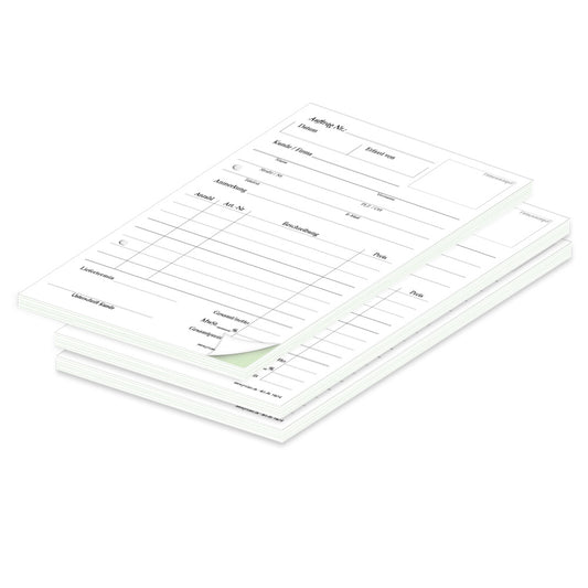 auftragsblock a5, gelocht, klassische schwarz-weiße optik mit grünem durchschlag, platz für alle wichtigen details (kundendaten, bestelldetails), 3er set