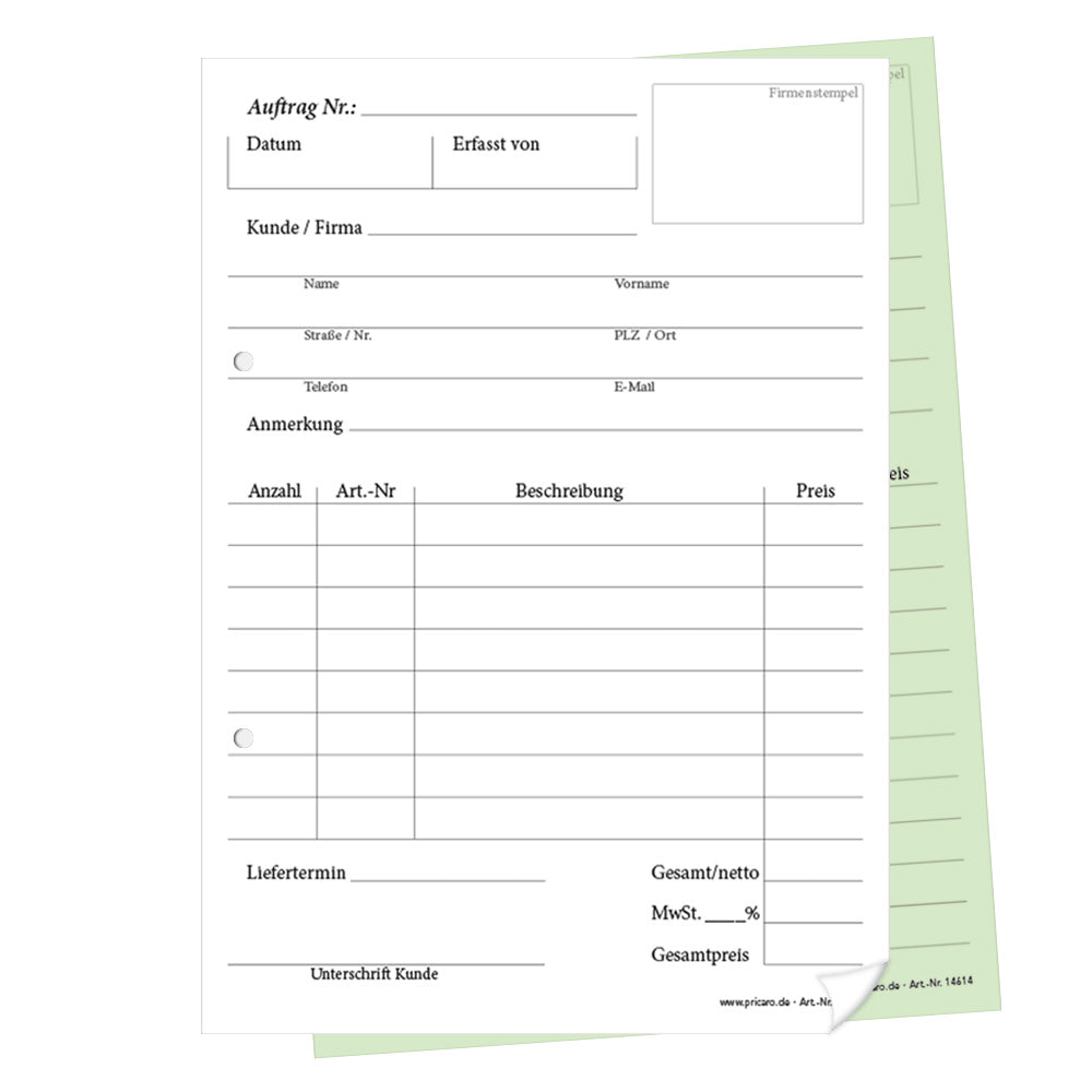 auftragsblock a5, gelocht, klassische schwarz-weiße optik mit grünem durchschlag, platz für alle wichtigen details (kundendaten, bestelldetails), frontansicht