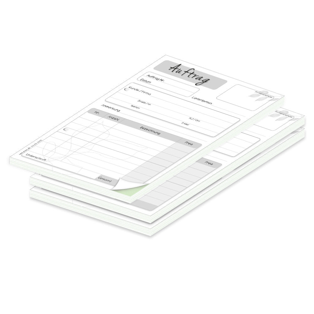 auftragsblock blätter, a5, gelocht schwarz-weiße optik mit grünem durchschlag,  blätteroptik, platz für alle wichtigen details (kundendaten, bestelldetails), 3er set