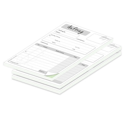 auftragsblock blätter, a5, gelocht schwarz-weiße optik mit grünem durchschlag,  blätteroptik, platz für alle wichtigen details (kundendaten, bestelldetails), 3er set