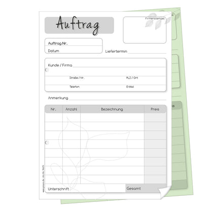 auftragsblock blätter, a5, gelocht schwarz-weiße optik mit grünem durchschlag,  blätteroptik, platz für alle wichtigen details (kundendaten, bestelldetails), frontansicht
