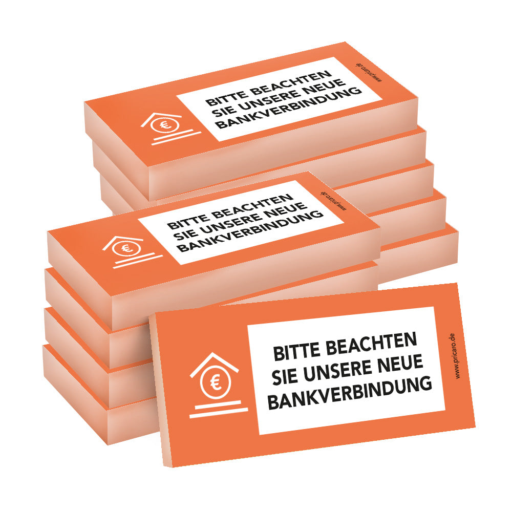 haftnotiz schmal, mit aufdruck "bitte beachten sie unsere neue bankverbindung", orangene optik, 10er set