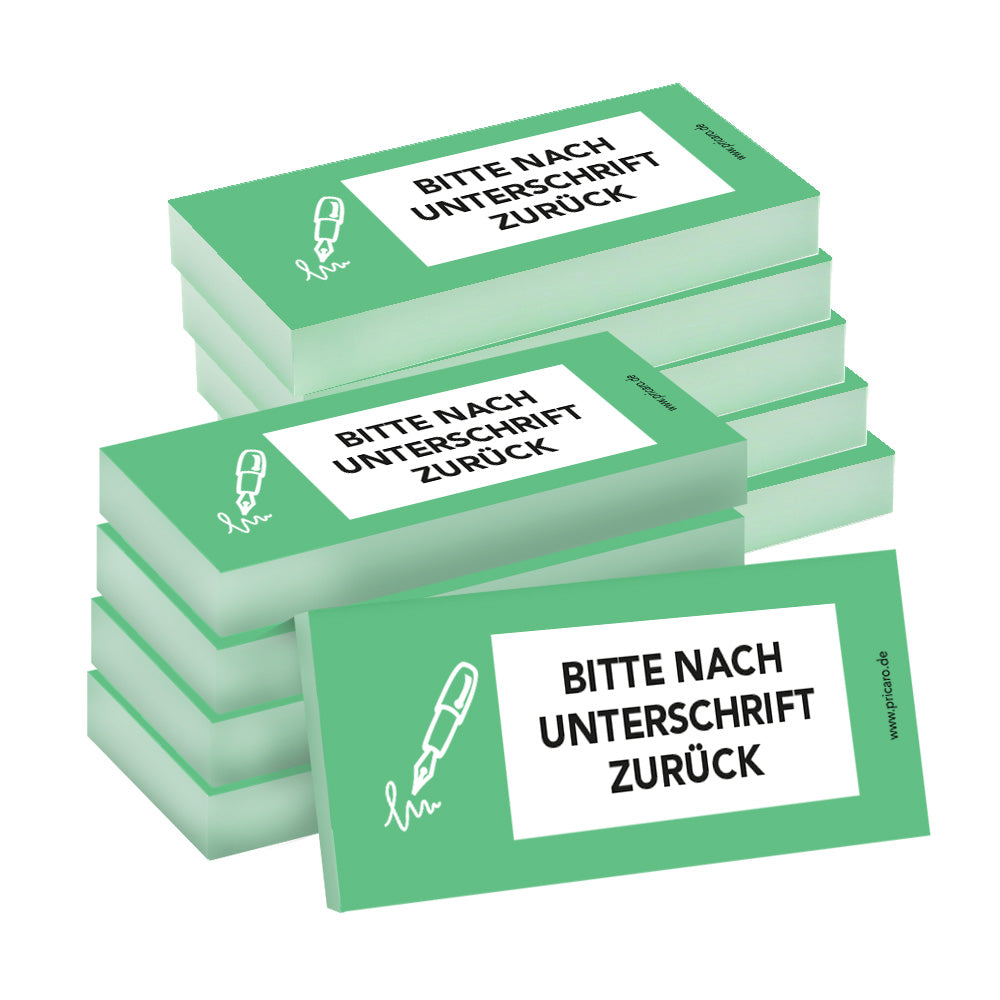 haftnotiz schmal, mit aufdruck "bitte nach unterschrift zurück", grüne optik, 10er set