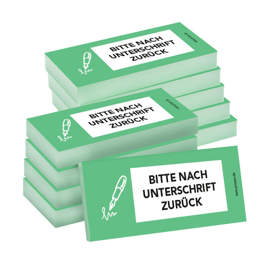 haftnotiz schmal, mit aufdruck "bitte nach unterschrift zurück", grüne optik, 10er set