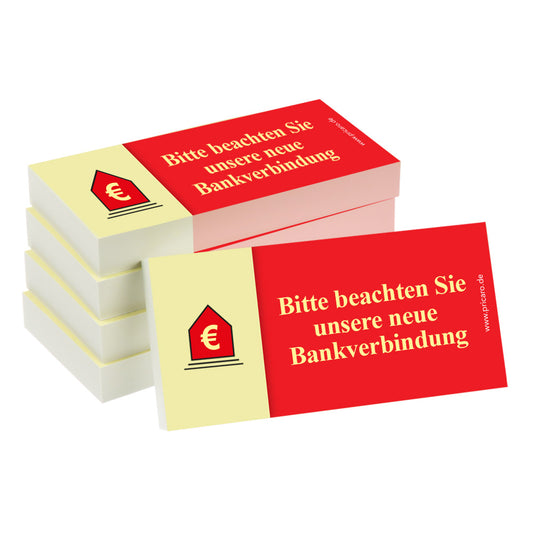 haftnotiz schmal, mit aufdruck "bitte beachten sie unsere neue bankverbindung", rot-gelbe optik, 5er set