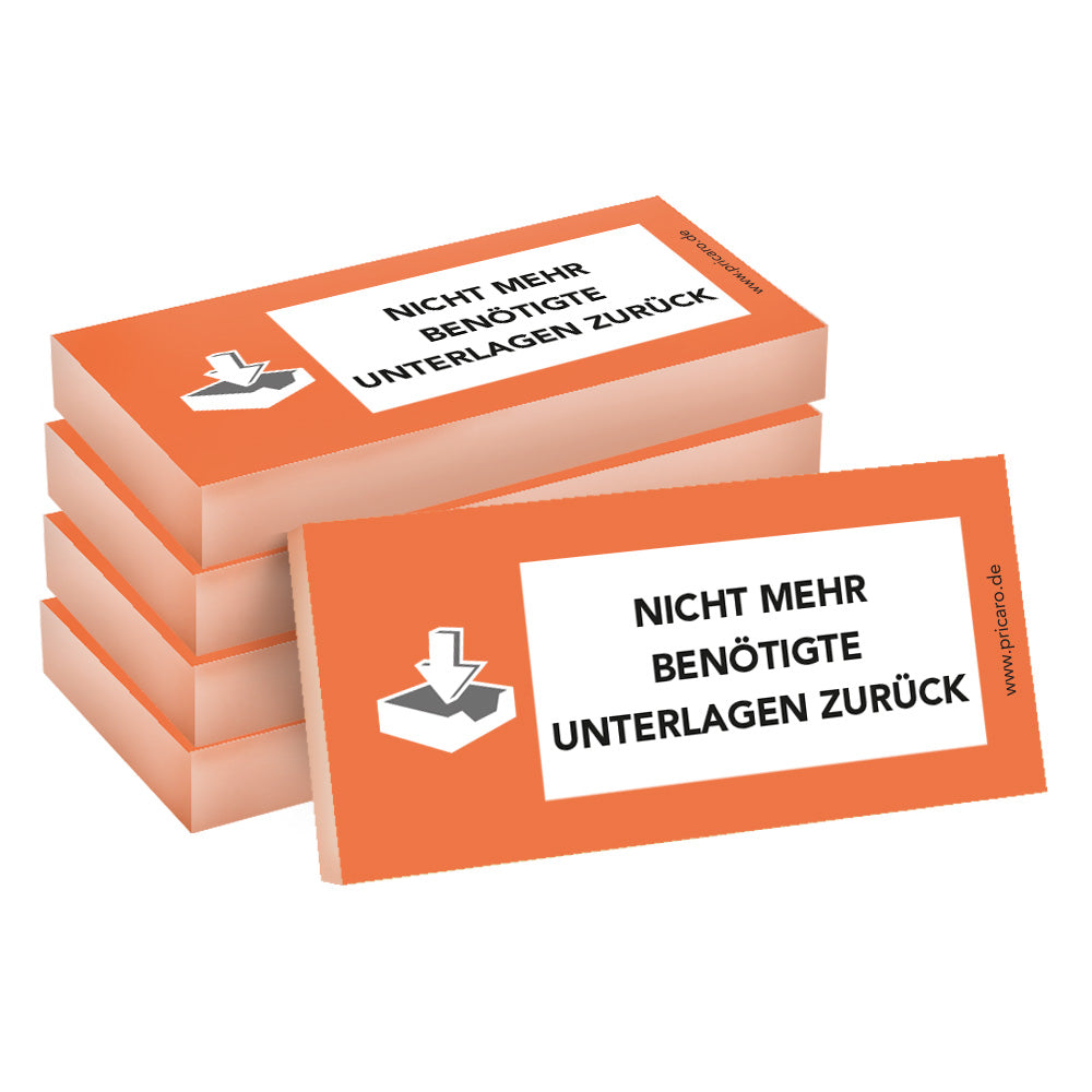 haftnotiz schmal, mit aufdruck "nicht mehr benötigte unterlagen zurück", orangene optik, 5er set