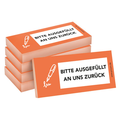 haftnotiz schmal, mit aufdruck "bitte ausgefüllt an uns zurück", orangene optik, 5er set