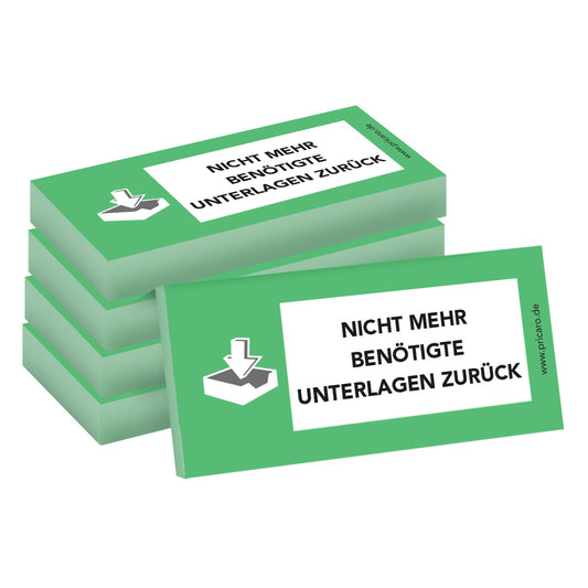 haftnotiz schmal, mit aufdruck "nicht mehr benötigte unterlagen zurück", grüne optik, 5er set