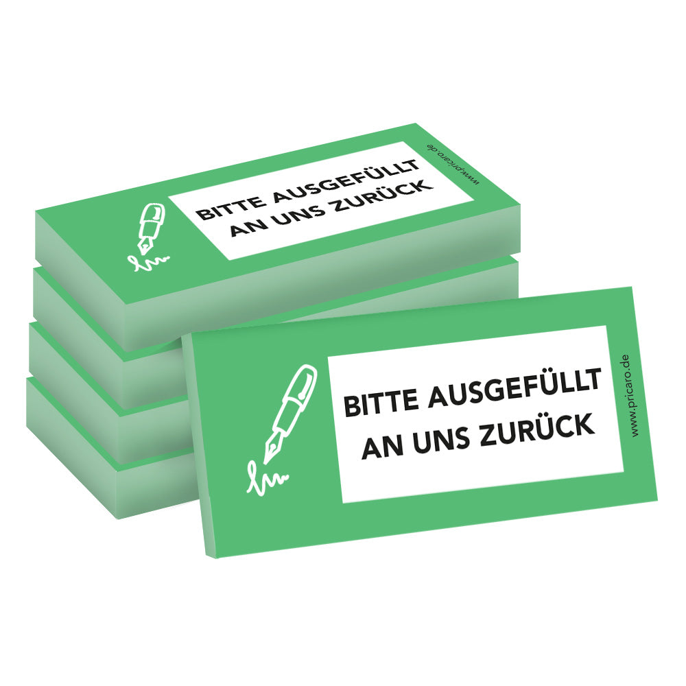 haftnotiz schmal, mit aufdruck "bitte ausgefüllt an uns zurück", grüne optik, 5er set