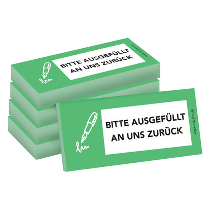 haftnotiz schmal, mit aufdruck "bitte ausgefüllt an uns zurück", grüne optik, 5er set