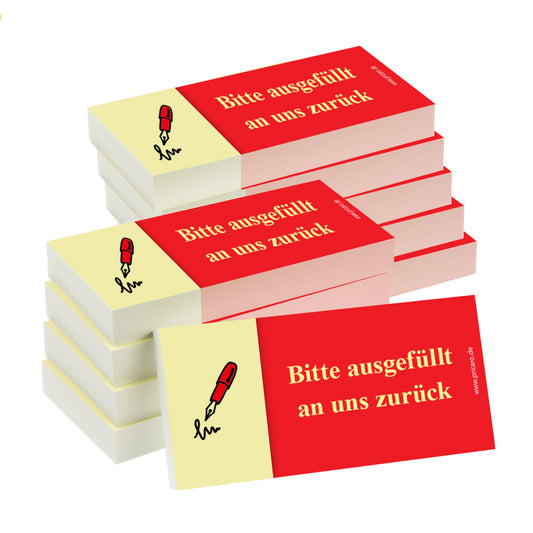 haftnotiz schmal, mit aufdruck "bitte ausgefüllt an uns zurück", rot-gelbe optik, 10er set
