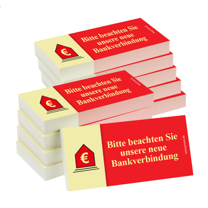 haftnotiz schmal, mit aufdruck "bitte beachten sie unsere neue bankverbindung", rot-gelbe optik, 10er set