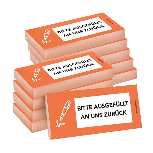 haftnotiz schmal, mit aufdruck "bitte ausgefüllt an uns zurück", orangene optik, 10er set