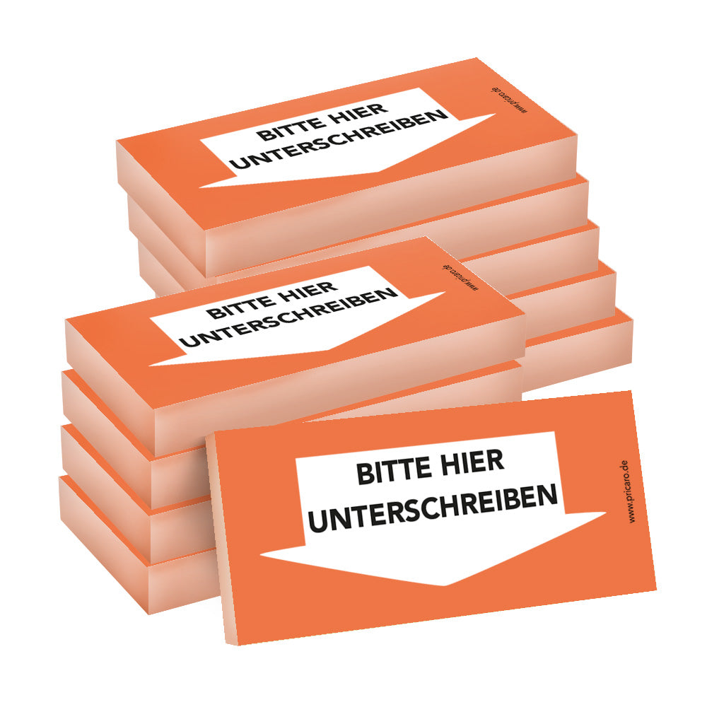 haftnotiz schmal, orange, bitte hier unterschreiben pfeil unten, 10er set