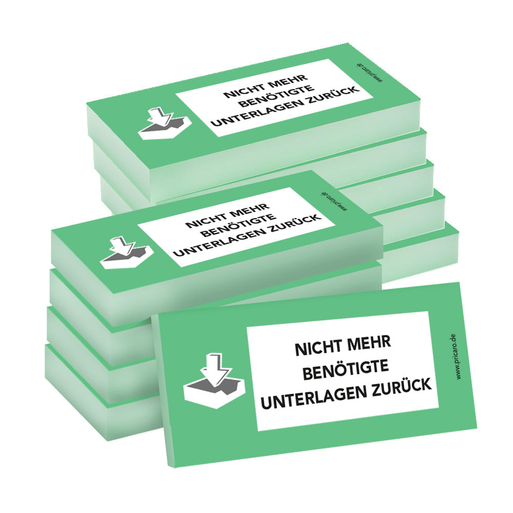 haftnotiz schmal, mit aufdruck "nicht mehr benötigte unterlagen zurück", grüne optik, 10er set