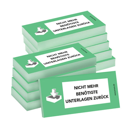 haftnotiz schmal, mit aufdruck "nicht mehr benötigte unterlagen zurück", grüne optik, 10er set