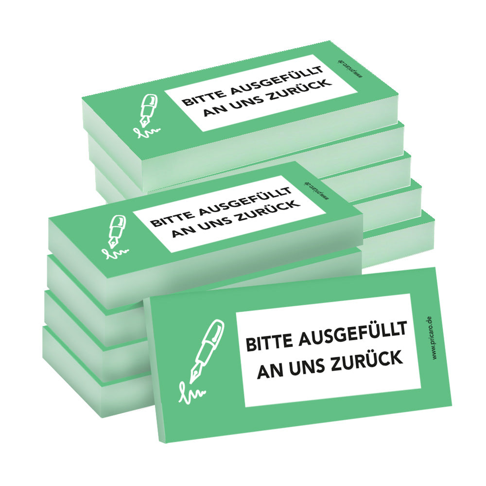 haftnotiz schmal, mit aufdruck "bitte ausgefüllt an uns zurück", grüne optik, 10er set