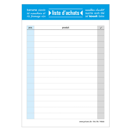 einkaufsliste typo blau, a6, französiche sprachversion, liniert mit platz für stückzahl und produkt, frontansicht