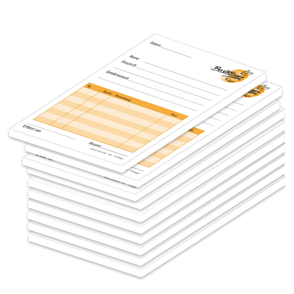 Bestellannahmeblock orange, a6, orangene optik, platz für wichtige bestellinformationen wie kundendaten, artikeldaten, preis, uvm., 10er set