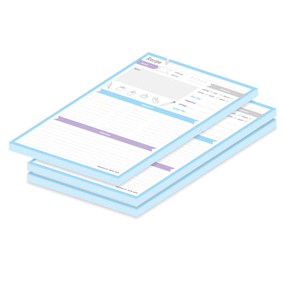 rezeptblock mixed up, a4, englische sprachversion, weiß-lila-blaue optik, 3er set