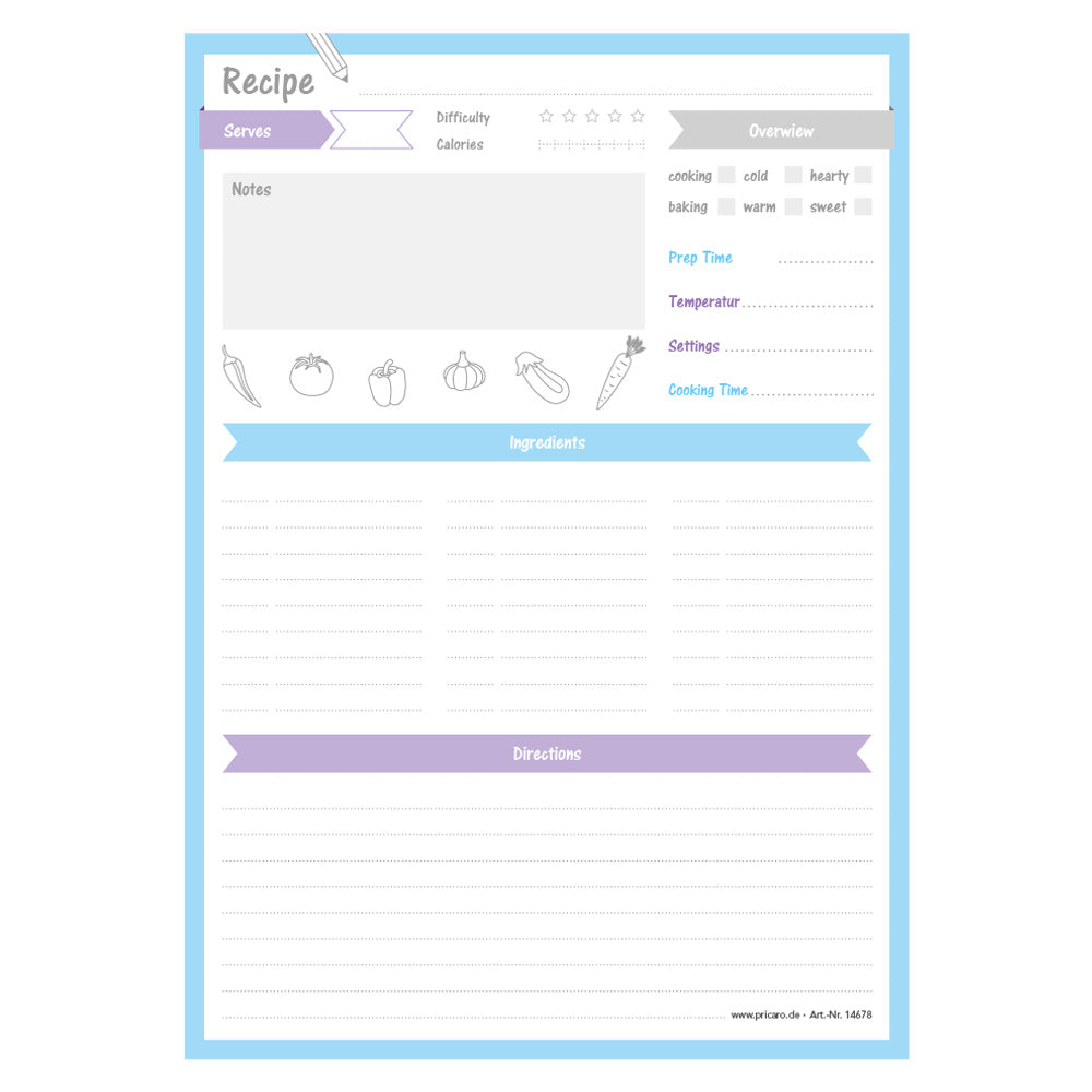 rezeptblock mixed up, a4, englische sprachversion, weiß-lila-blaue optik, frontansicht