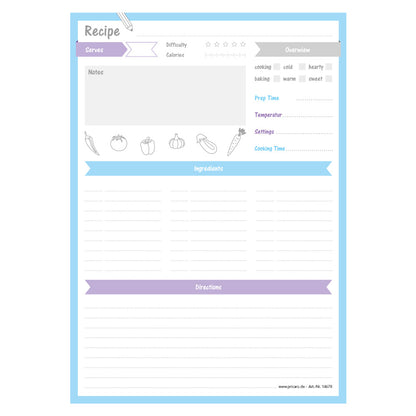 rezeptblock mixed up, a4, englische sprachversion, weiß-lila-blaue optik, frontansicht