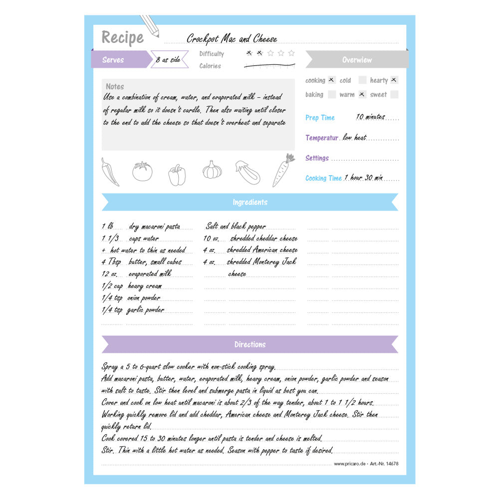 rezeptblock  mixed up, a4, englische sprachversion, weiß-lila-blaue optik, ausfüllbeispiel