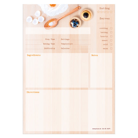rezeptblock baking, a4, englische sprachversion, beige optik mit backzutaten, frontansicht