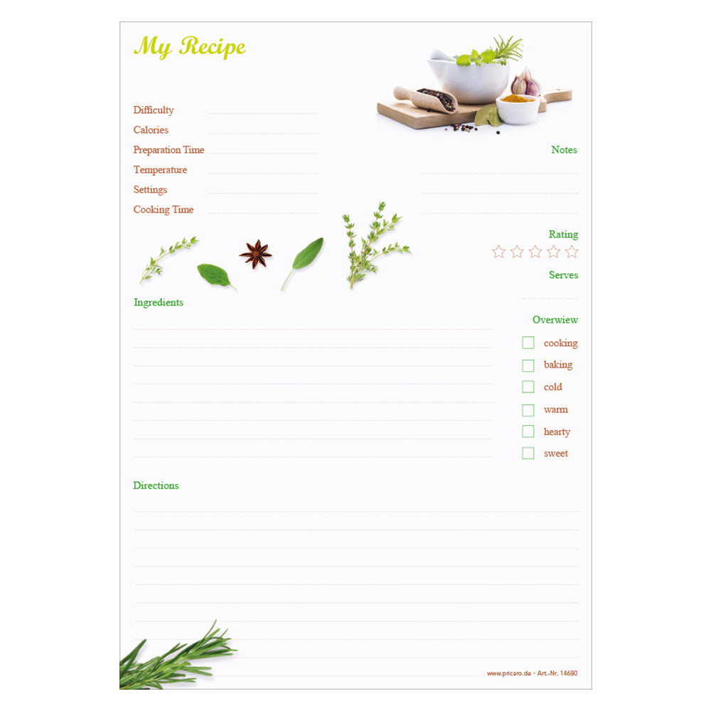 rezeptblock spices, a4, englische sprachversion, weiße optik mit gewürzen, frontansicht