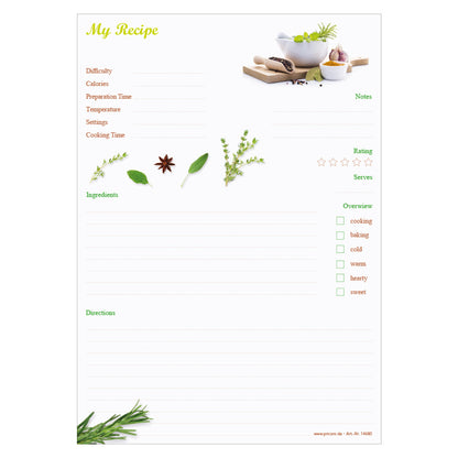 rezeptblock spices, a4, englische sprachversion, weiße optik mit gewürzen, frontansicht