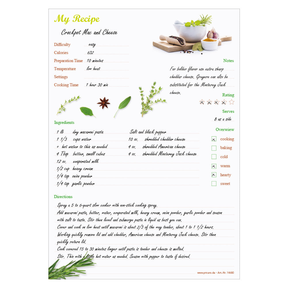 rezeptblock  spices, a4, englische sprachversion, weiße optik mit gewürzen, ausfüllbeispiel