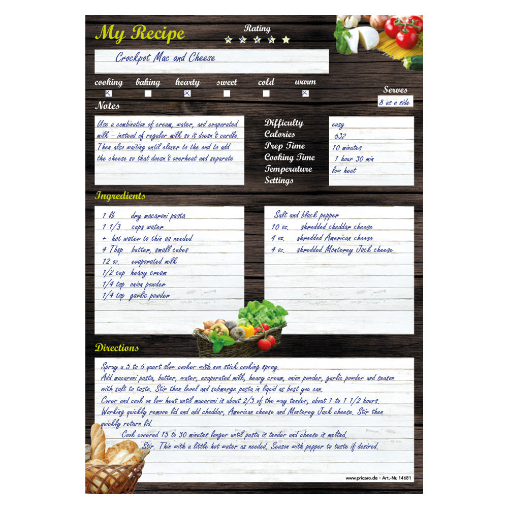 rezeptblock  mediterran, a4, englische sprachversion, braune optik mit gemüse, pasta und baguette, ausfüllbeispiel