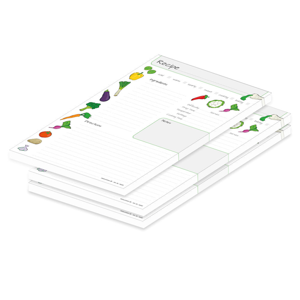 rezeptblock  vegetables, a4, englische sprachversion,weiße optik mit gemüse, 3er set