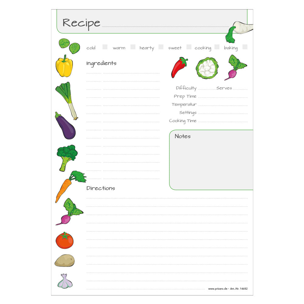 rezeptblock  vegetables, a4, englische sprachversion,weiße optik mit gemüse, frontansicht