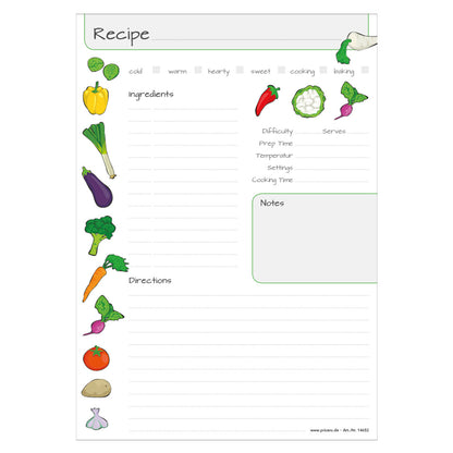 rezeptblock  vegetables, a4, englische sprachversion,weiße optik mit gemüse, frontansicht