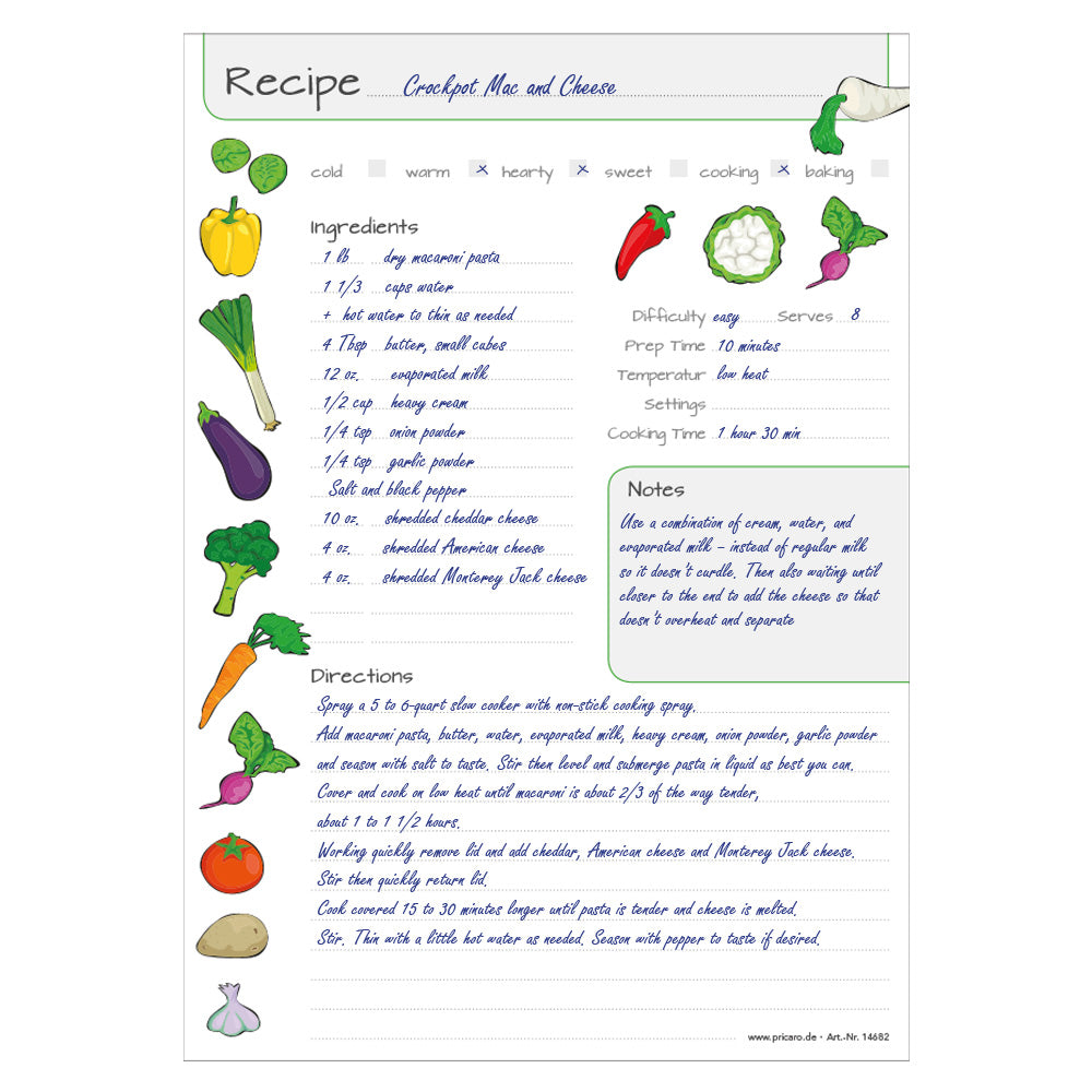rezeptblock  vegetables, a4, englische sprachversion,weiße optik mit gemüse, ausfüllbeispiel