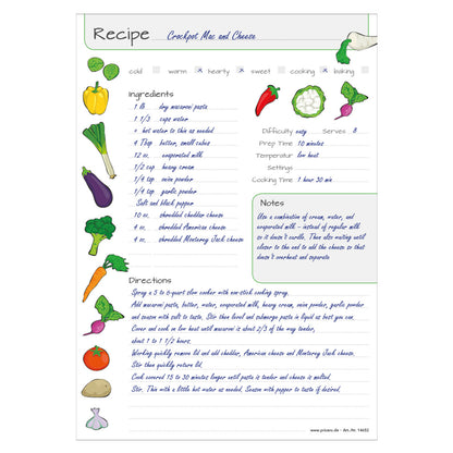 rezeptblock  vegetables, a4, englische sprachversion,weiße optik mit gemüse, ausfüllbeispiel