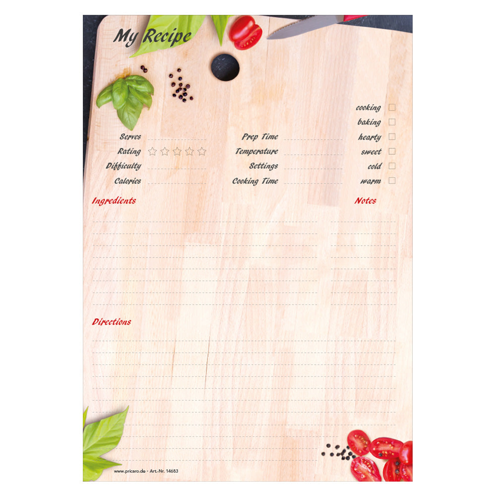 rezeptblock  kitchen board, a4, englische sprachversion, optik eines holz küchenbretts mit gemüse, frontansicht